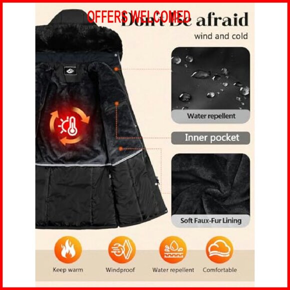 Long Puffer Winter Coat with Removable Fur Hood, Windproof Fleece Lining - Picture 5 of 8